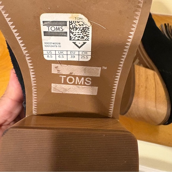 Toms Black Chunky Heel Suede Mules with Fringe - Picture 6 of 7